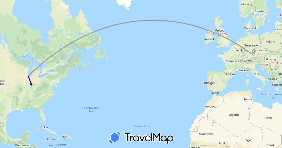 TravelMap itinerary: driving, plane in Germany, United States (Europe, North America)