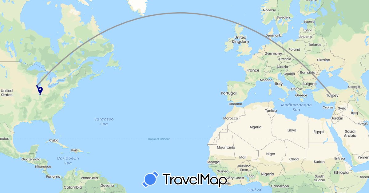 TravelMap itinerary: driving, plane in Turkey, United States (Asia, North America)